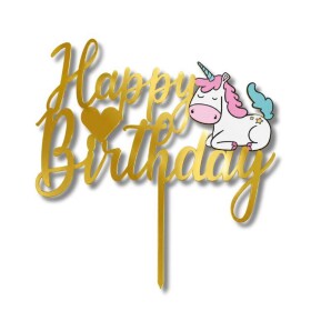 Plastový zápich do dortu Cesil Happy Birthday s jednorožcem zlatý