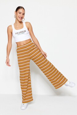 Trendyol žluté pruhované široké nohavice/ležérní střih manšestrové elastické pletené kalhoty s vysokým pasem