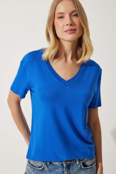 Happiness İstanbul Women's Cobalt Blue V-Neck Basic Viscose Knitted T-Shirt