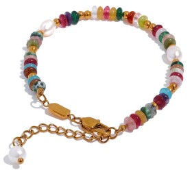 Korálkový náramek s perlou a přírodními kameny, chirurgická ocel, Barevná/více barev 18 cm + 3 cm (prodloužení)