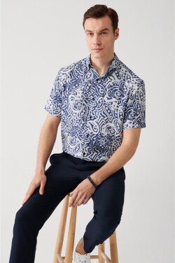 Avva Men's Navy Blue Viscose Button Down Collar Abstract Patterned Short Sleeve Standard Fit Regular Fit Shirt