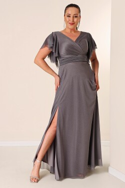 By Saygı Plus Size Long Glittery Dress with Double Breasted Collar Draping and Linen