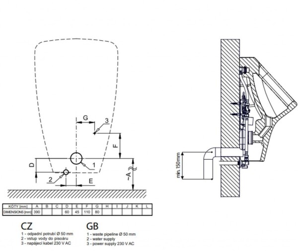 SANELA - Senzorové pisoáry Pisoár LIVO s radarovým splachovačem, bateriové napájení 6 V, Bluetooth, bílá SLP 31RB