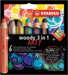 Pastelky STABILO Woody 3in1, sada 6 ks v pouzdru s ořezávátkem &quot;ARTY&quot;