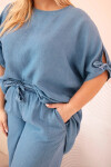 Dámská souprava Plus Size z tencelu, halenka s vázáním a široké kalhoty džínový UNI