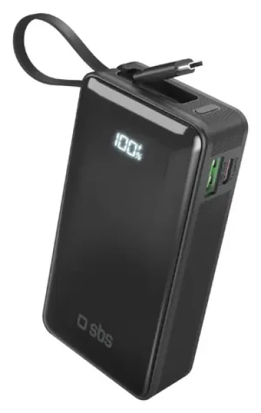 SBS 10000 mAh černá / Powerbank / 20 W / Power Delivery / LCD / integrovaný kabel / 2x USB-C/USB-A (TTBB10000LCDTCPD20K)