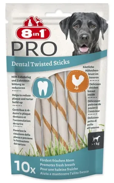 8in1 Delights Dental kroucená tyčinka 10 ks / Dentální pamlsek pro psy / Hovězí kůže a kuřecí maso (A4-122531)