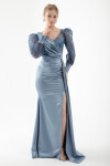 Lafaba Women's Baby Blue Double Breasted Collar Silvery Long Satin Evening Dress