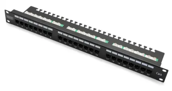 Patch panel 24x RJ-45 LSA černý / Patch panel / Cat.6 UTP / 1U / 19" / kabelová lišta (DN-91624U-EC)
