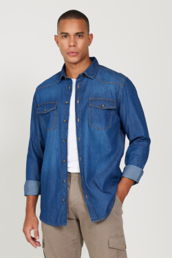 AC&Co Altınyıldız Classics Men's Blue Slim Fit Slim Fit Hidden Button Collar 100% Cotton Denim Shirt
