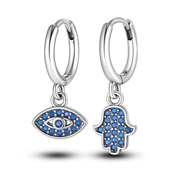 Stříbrné náušnice Evil Eye a Hamsa - stříbro 925/1000, Modrá