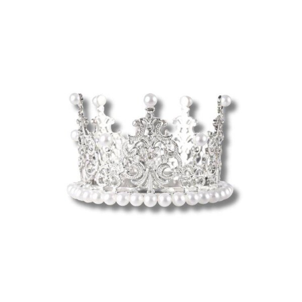 Dortisimo Nejedlá dekorace kovová Koruna stříbrná malá s bílými perlami 3