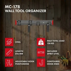 MC-178 Nástěnný organizér na nářadí černo-bílý / Organizér na nářadí / Ocel / Nosnost 136 kg / 6 háčků (MC-178)