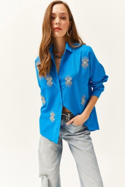 Olalook Women's Saks Blue Sequin Detailed Woven Boyfriend Shirt