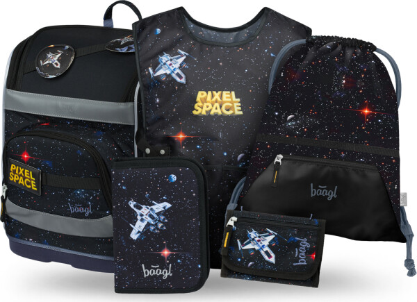 BAAGL SET 5 Zippy Plus Pixel Space: aktovka, penál, sáček, zástěra, peněženka