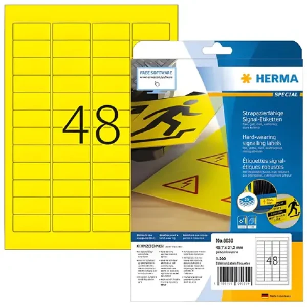 Herma signální etikety A4 45,7x21,2 mm žlutá / Fólie / voděodolné / laser / 1200 ks (8030)