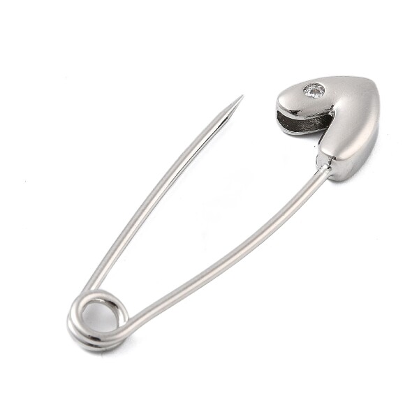 Kovová brož - Špendlík se srdcem s kubickým zirkonem - platinová - 39 × 10 mm - 1 ks