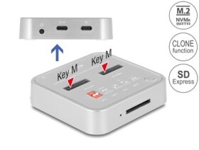 Delock Dokovací stanice na 1 x SSD M.2 NVMe + 1 x SSD M.2 SATA / čtečka karet SD Express (SD 7.1) / funkce klonování (64138)