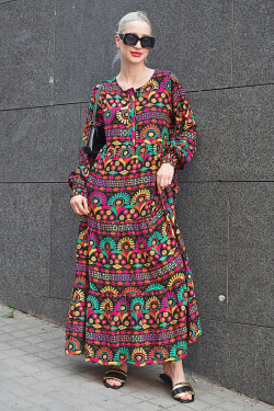 Madmext Red Neck Long Sleeve Patterned Dress