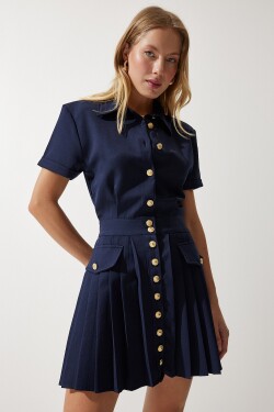 Happiness İstanbul Women's Navy Blue Pleated Gold Buttoned Woven Dress