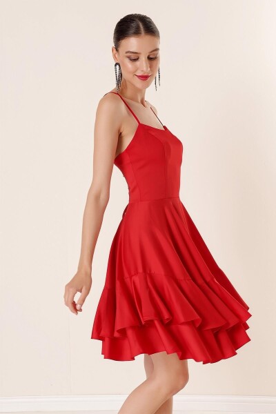 By Saygı Rope Strap Katkat Flounce Lined Satin Dress Red