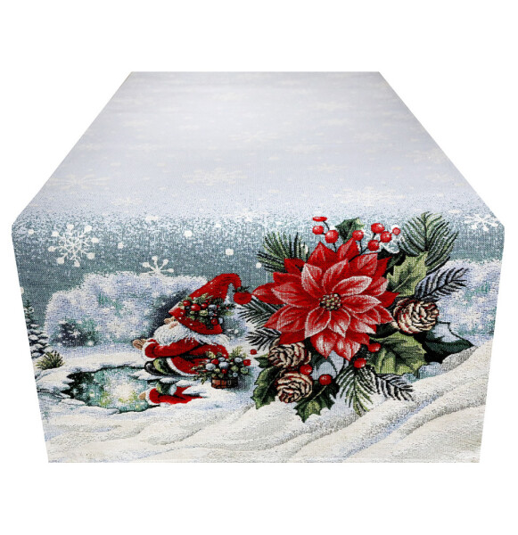 DumDekorace Vánoční gobelínový ubrus s lurexem - vánoční skřítek a zimní krajina Šířka: 45 cm | Délka: 90 cm