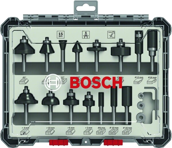 BOSCH 2607017471 / Smíšená sada tvarových fréz s vřetenem 6 mm / 15 ks (2607017471)