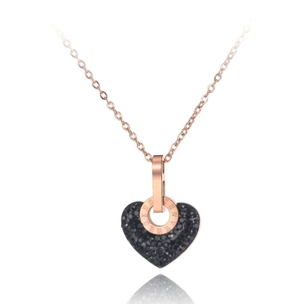 Ocelový náhrdelník se zirkony Dagmara Black - chirurgická ocel, srdíčko, Zlatá 40 cm + 5 cm (prodloužení)