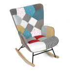 Křeslo houpací, potah patchwork látka, dřevěné nohy, masiv kaučukovník