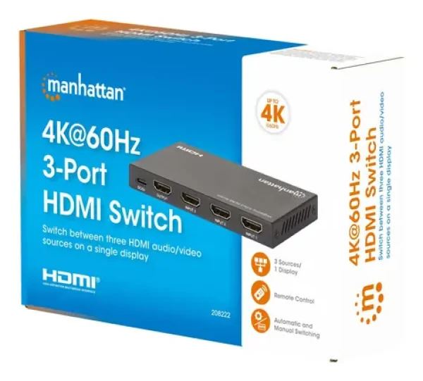 Manhattan HDMI Switch 3 vstupy / HDMI přepínač / 4K 60Hz / HDCP 2.2 / Dolby Vision, Atmos / kovové tělo (208222)
