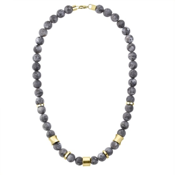 Pánský korálkový náhrdelník Augusto Gold - 10 mm Larvikit, Zlatá 60 cm