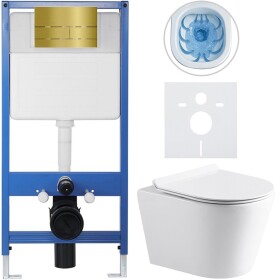 CERANO Kompletní WC set Profi/Carlito - bílá lesklá - WC tlačítko Line/Zlatá - předstěnová instalace - 48,5x36,5 cm