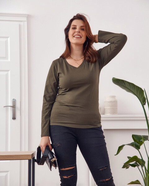 Halenka Plus Size khaki dlouhým rukávem