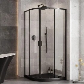 BESCO - Set čtvrtkruhový kout ZARYA BLACK + vanička AXIM STONE EFFECT - Barva rámu - Černá, Rozměr A - 80, Rozměr B - 80, Výplň - Čiré bezpečnostní sklo - 5 mm BCZBAXS80190
