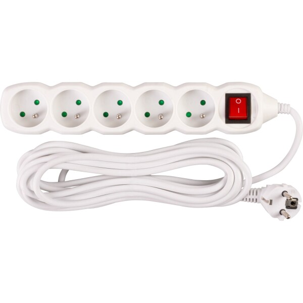 STREND PRO 213345 Prodlužovací kabel s vypínačem, 5m, 5 zásuvek, 3×1mm, bílý