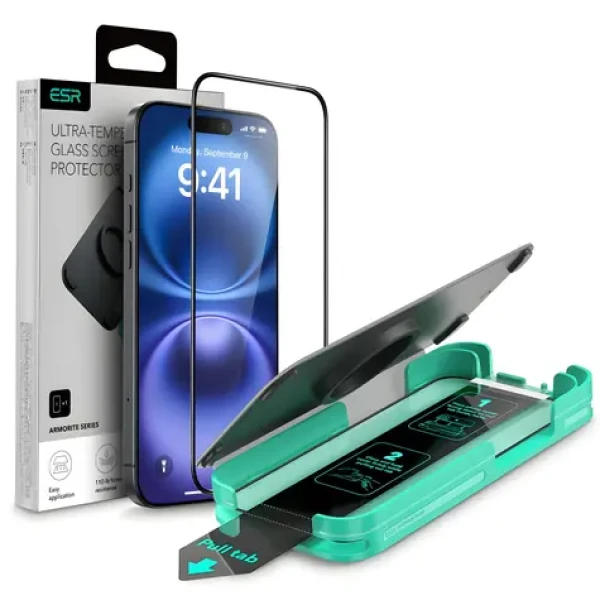 ESR Armorite černá / Ochranné sklo / Apple iPhone 16 / s instalačním rámečkem a aplikátorem (1D74100201)