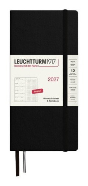 Týdenní plánovač & Zápisník Black, tečkovaný Wallet B6+ x A6 2027, anglicky