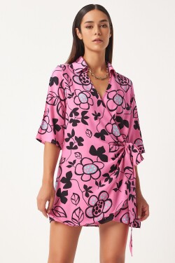 Happiness İstanbul Women's Pink Patterned Summer Viscose Wrap Dress