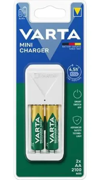 Varta Mini Charger bílá / Nabíječka baterií / 100-240V / 2x AA nebo AAA / vč. 2x AA 2100 mAh (57656101451)
