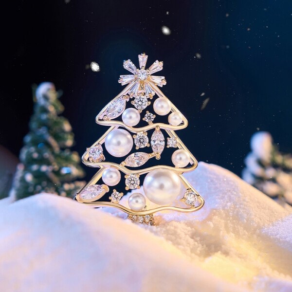 Vánoční perlová brož se zirkony Christmas Tree 11 - vánoční stromeček, Zlatá