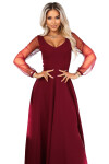 640-1 LORETTA jedinečné dlouhé šaty s tylovými rukávy a výstřihem - vínové XXL