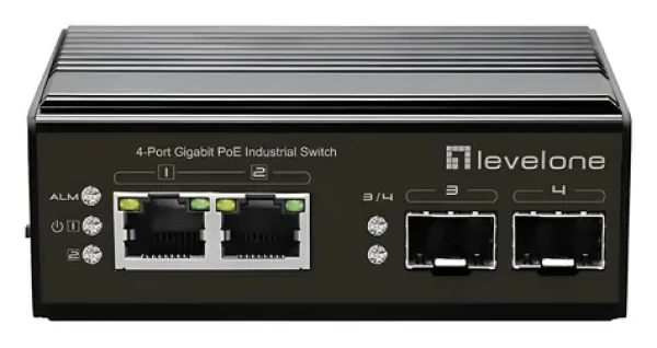 LevelOne Industriální PoE+ switch 2x GE PoE/2x SFP 180W / Switch / Průmyslový / Neřízený / DIN lišta (IGP-0431)