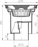 MIDAS Kanalizační vpusť - přímá D160/D110-250, suchá klapka, litinová mříž SUN 245x245mm, B125 p1683