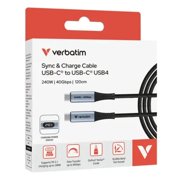Verbatim Sync Charge černá / Kabel USB-C na USB-C / 240 W / 40 Gbit/s / 120 cm / LED displej