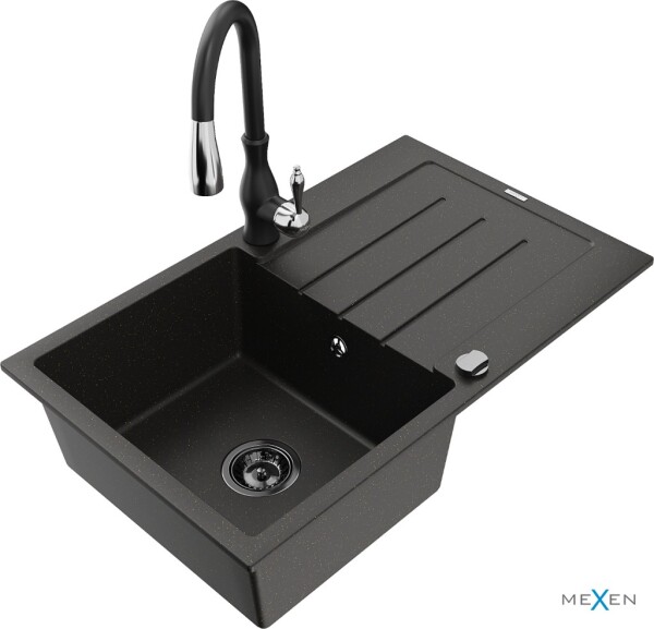 MEXEN/S - Bruno granitový dřez 1 s odkapávačem včetně baterie Savita, černá/zloty metalik 6513-75-672601-70-B