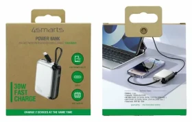 4smarts Pocket 10000mAh stříbrná / Powerbanka / 30W / vestavěný USB-C kabel 15cm / displej (541085)