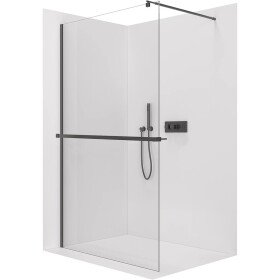 CERANO Sprchová zástěna Walk-in Onyx Round L/P - 8 mm + polička/držák na ručníky - kulatá vzpěra - černá matná, transparentní sklo - 110x200 cm