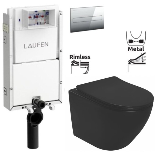 LAUFEN Podomít. systém LIS TW1 SET s chromovým tlačítkem + WC REA CARLO MINI RIMLESS ČIERNY MAT + SEDADLO H8946630000001CR MM1