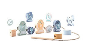 CUBIKA Pastel 16020 Navlékací ryby a mořští živočichové - navlékací set - 13 dřevěných dílů a 8 předloh