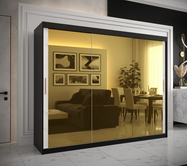 Šatní skříň Abi Golden T3 Barva korpusu: Černá, Rozměry: 250 cm, Dveře: Bílý mramor se zlatým zrcadlem